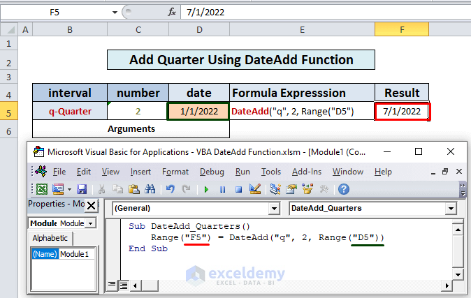 Excel VBA DateAdd Function Add Quarter