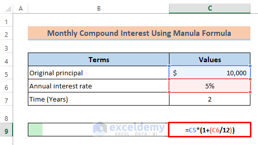 Monthly Compound Interest Manually in Excel Using the Basic Formula