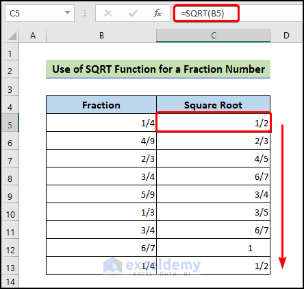 Apply the SQRT Function in Excel for a Fraction Number