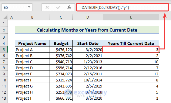 6-Combining DATEDIF and TODAY functions to calculate years from current date