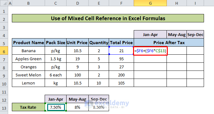 mixed cell references in excel formula