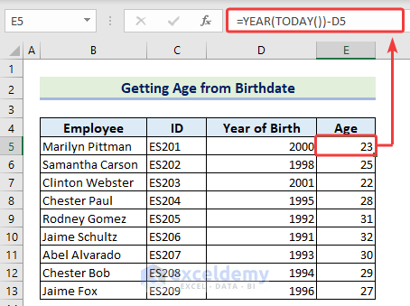 7-Combining YEAR and TODAY functions to get age from current date