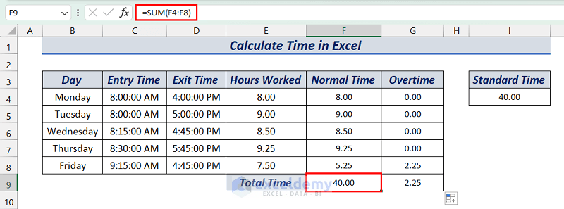 Applying SUM function to calculate total normal time and overtime in Excel