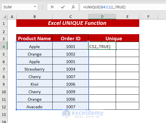 Using Excel UNIQUE Function to Find Unique Rows Occurred Only Once 