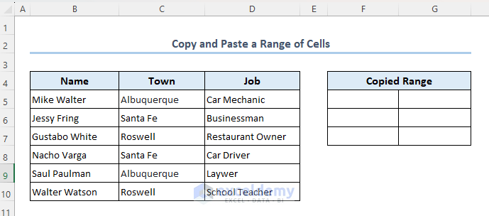 Modified dataset to copy and paste a range of cells
