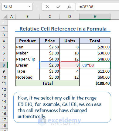 8-relative cell reference example in a formula
