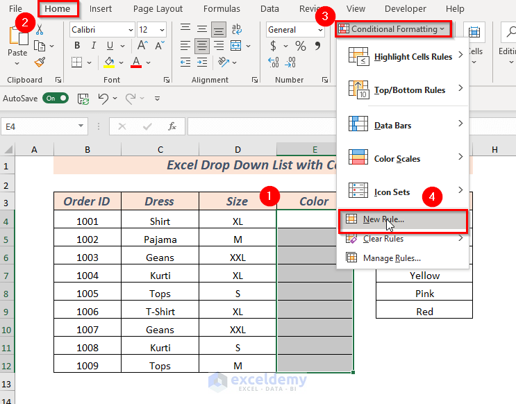 Manually Create Excel Drop Down List with Color