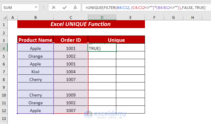 Using Excel UNIQUE & FILTER Function to Get Unique Rows Ignoring Blank