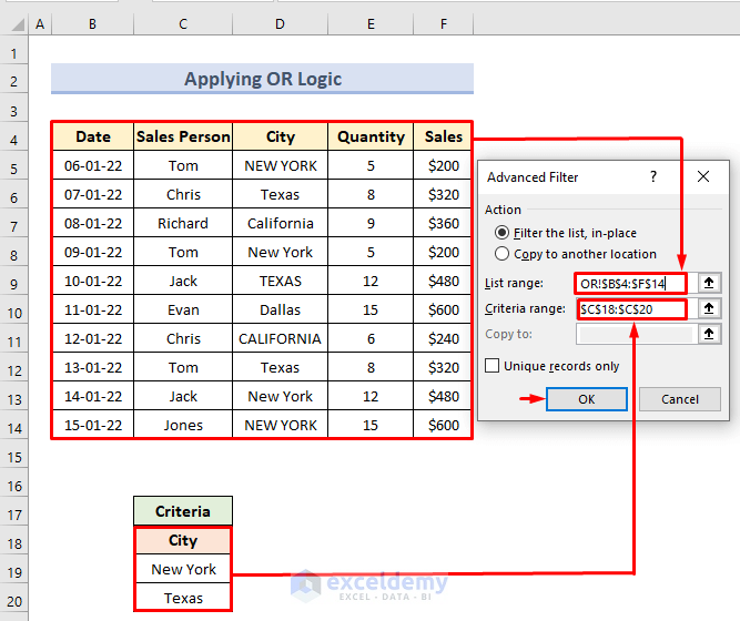 Use of OR Logic with Advanced Filter Criteria Range