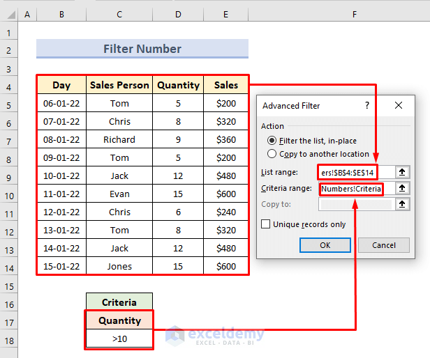 Use of Advanced Filter Criteria Range for Number and Dates