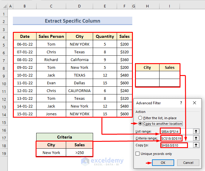 Using Advanced Filter Criteria Range to Extract Specific Columns