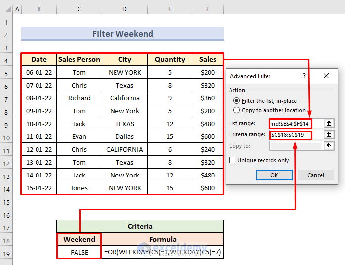 Apply Advanced Filter Criteria Range to Find Weekend