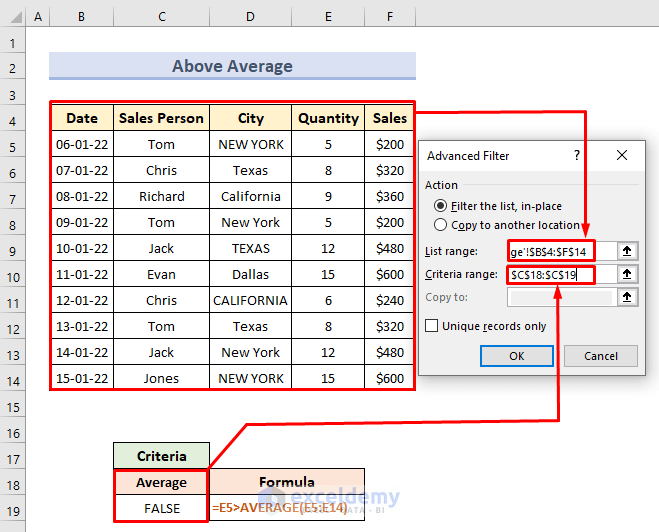 Use Advanced Filter Criteria Range to Calculate Values Below or Above Average