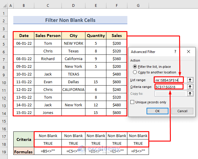 Apply Advanced Filter Criteria Range to Filter Non-Blank Cells using OR as well as AND Logic