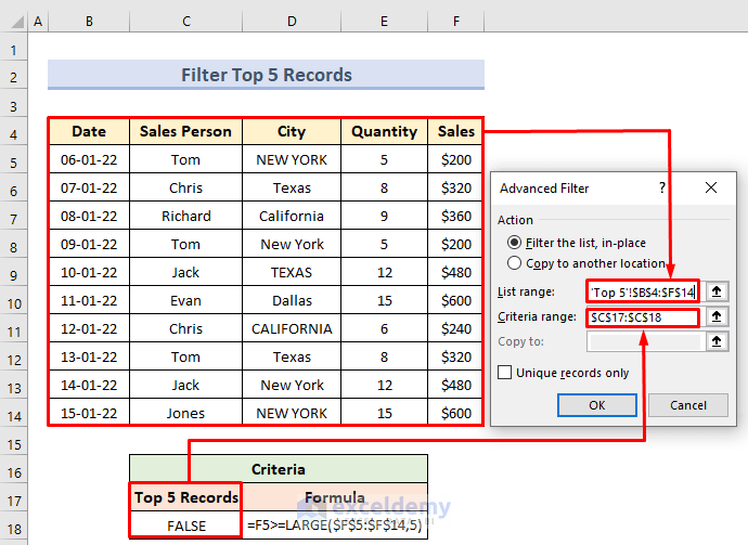 Find First 5 Records Using Advanced Filter Criteria Range