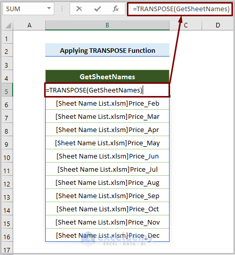 Applying TRANSPOSE Function to Find The Sheet Name List
