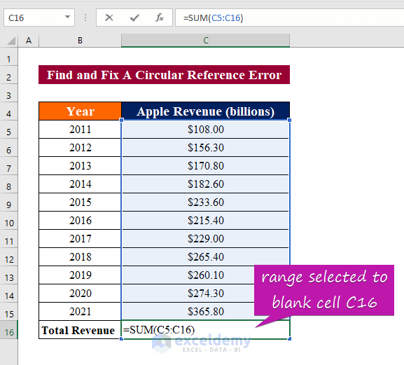 Circular Reference Error in Excel 
