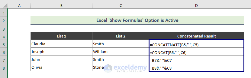 Excel Concatenate Not Working If ‘Show Formulas’ Option is Active in Worksheet