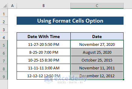 Results showing conversion of UTC timestamp to date in Excel with format cells option