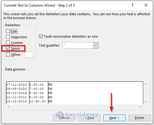 Step 2 of Convert Text to Columns wizard selecting space delimiter