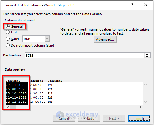 Step 3 of Convert Text to Columns wizard choosing general data format