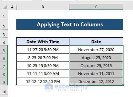 Results showing conversion of UTC timestamp to date in Excel with text to columns option 
