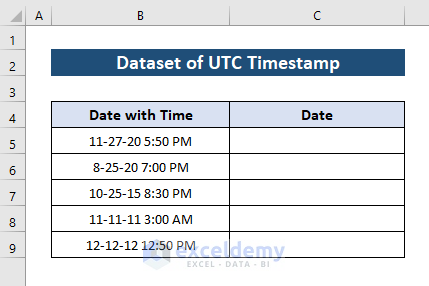 Dataset of UTC timestamp with Date-time and date columns