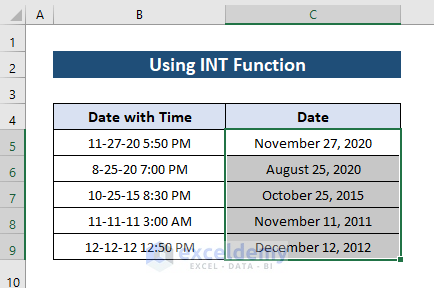 Results showing conversion of UTC timestamp to date in Excel with INT function