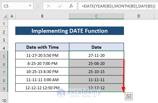 Results showing conversion of UTC timestamp to date in Excel with DATE, YEAR, MONTH, DAY functions