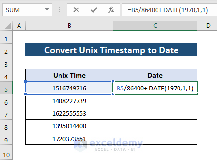 Apply DATE function and arithmetic formula to convert timestamp to date in Excel
