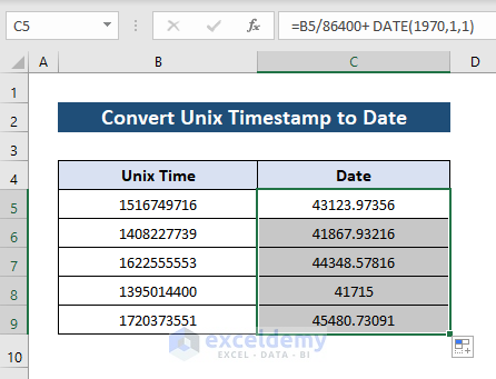 Result of applying formula to convert timestamp to date