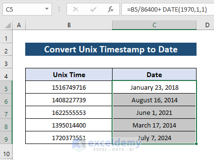 Results showing conversion of Unix timestamp to date in Excel