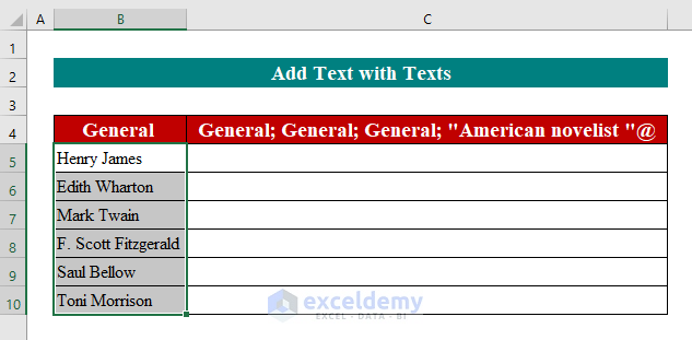 Add Text in Text with Custom Format Cells in Excel