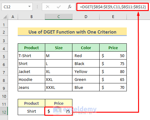DGET Function with One Criterion in Excel