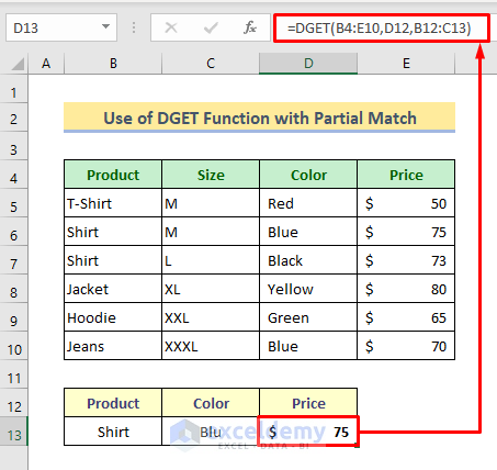 DGET Function for Partial Matches in Excel