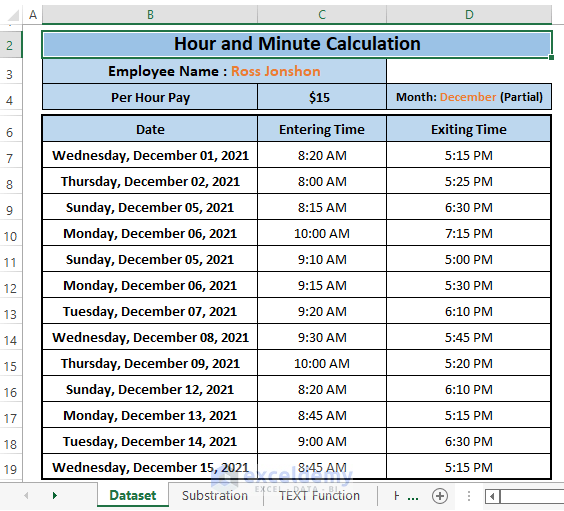 Dataset-How to Calculate Hours and Minutes for Payroll in Excel