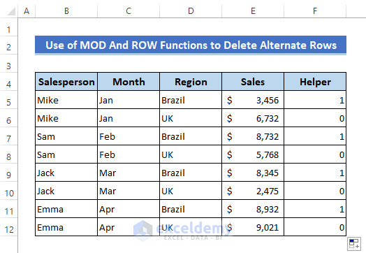 MOD And ROW Functions to Delete Alternate Rows in Excel
