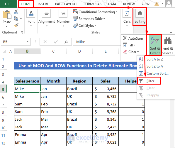 MOD And ROW Functions to Delete Alternate Rows in Excel