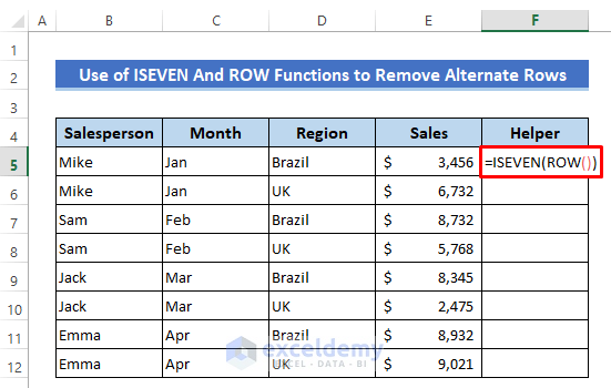 ISEVEN And ROW Functions to Remove Alternate Rows