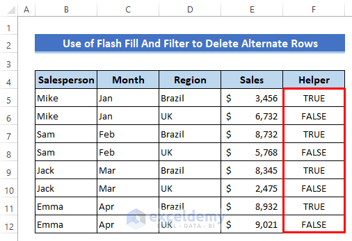 Excel Flash Fill And Filter to Delete Alternate Rows