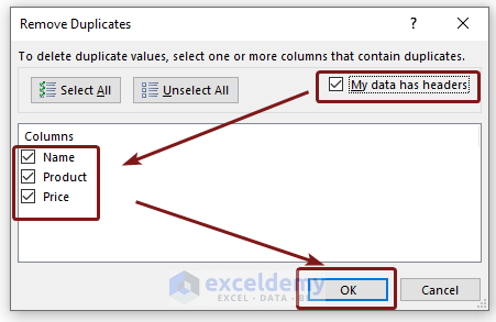 Use Remove Duplicates Command to Delete Duplicate Columns in Excel
