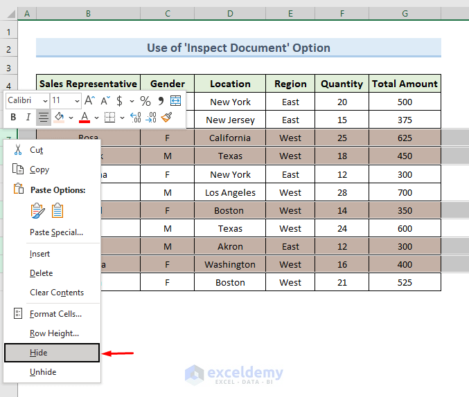 ‘Inspect Document’ Option to Delete Hidden Rows in Excel