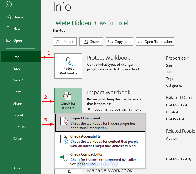 ‘Inspect Document’ Option to Delete Hidden Rows in Excel