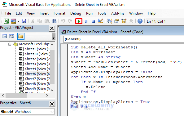 Delete All the Worksheets in the Workbook Applying VBA in Excel