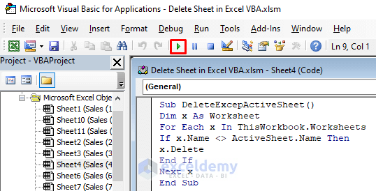 Delete All Sheets Except the Active Sheet Applying Excel VBA