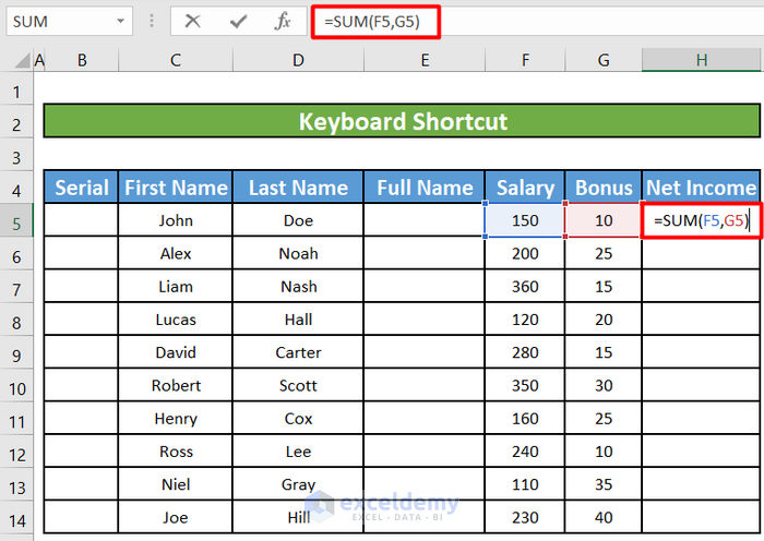 Fill Formulas to Adjacent Cells Using Keyboard Shortcut