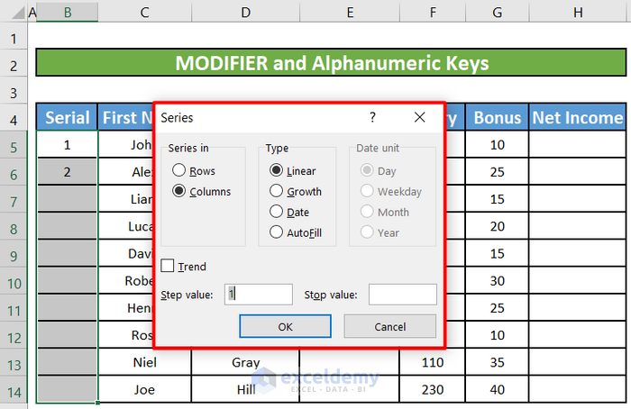 AutoFill Series Using Modifier and Alphanumeric Keys