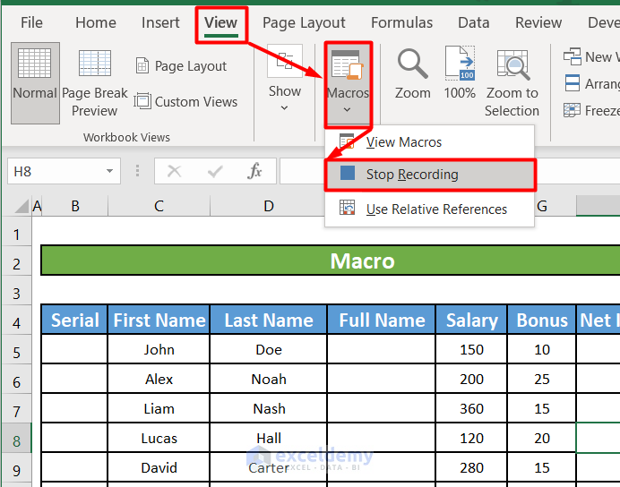Stop Recording Macro in Excel