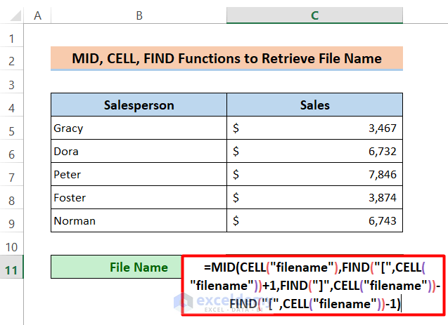 Insert CELL Function with MID and FIND to Retrieve the Excel File Name