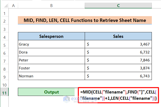 MID, FIND, LEN, CELL Functions to Retrieve Sheet Name
